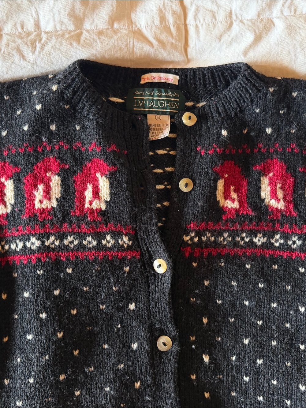 J.McLaughlin Black Penguin HandKnit Cardigan with Red Accents - Picture 2 of 5